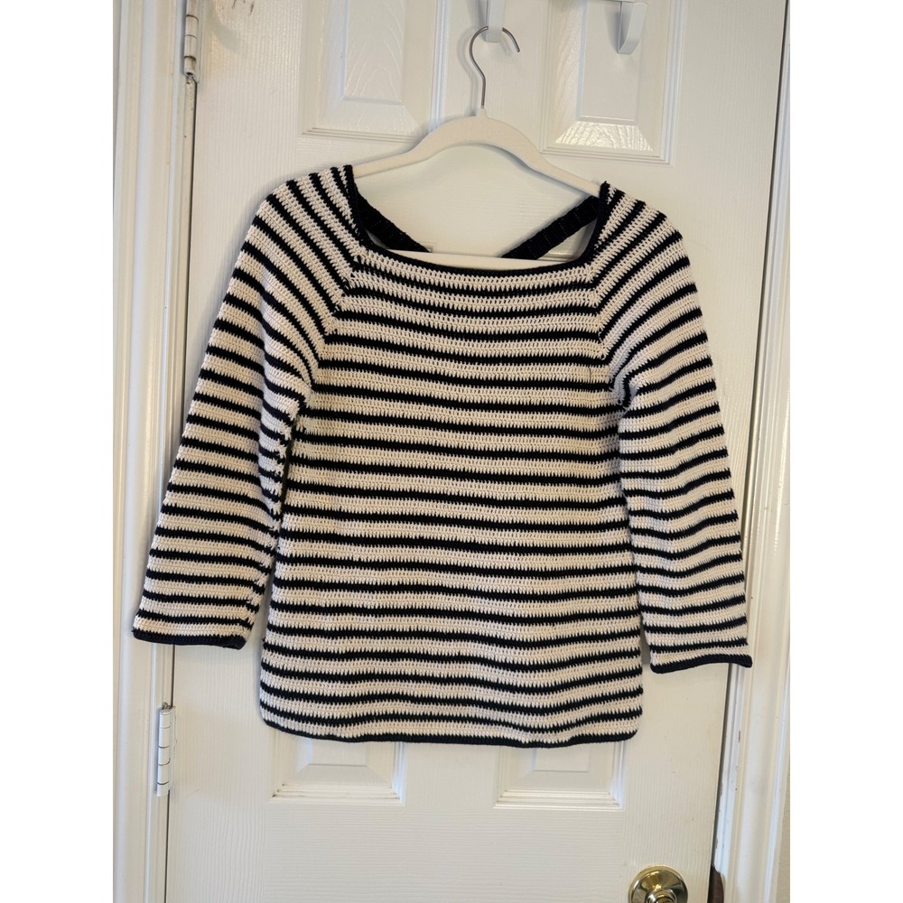 Lauren‎ Moffatt Striped Crochet Knit Top Black White Criss Cross Back S